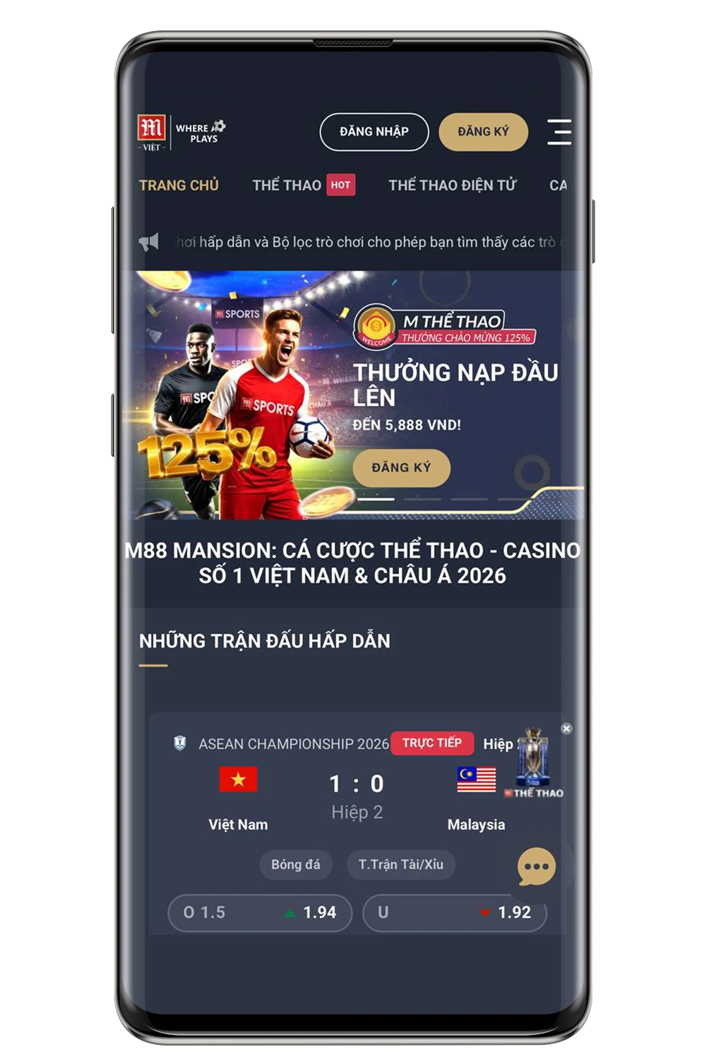 Ảnh chụp màn hình từ trang web di động của sòng bạc M88.