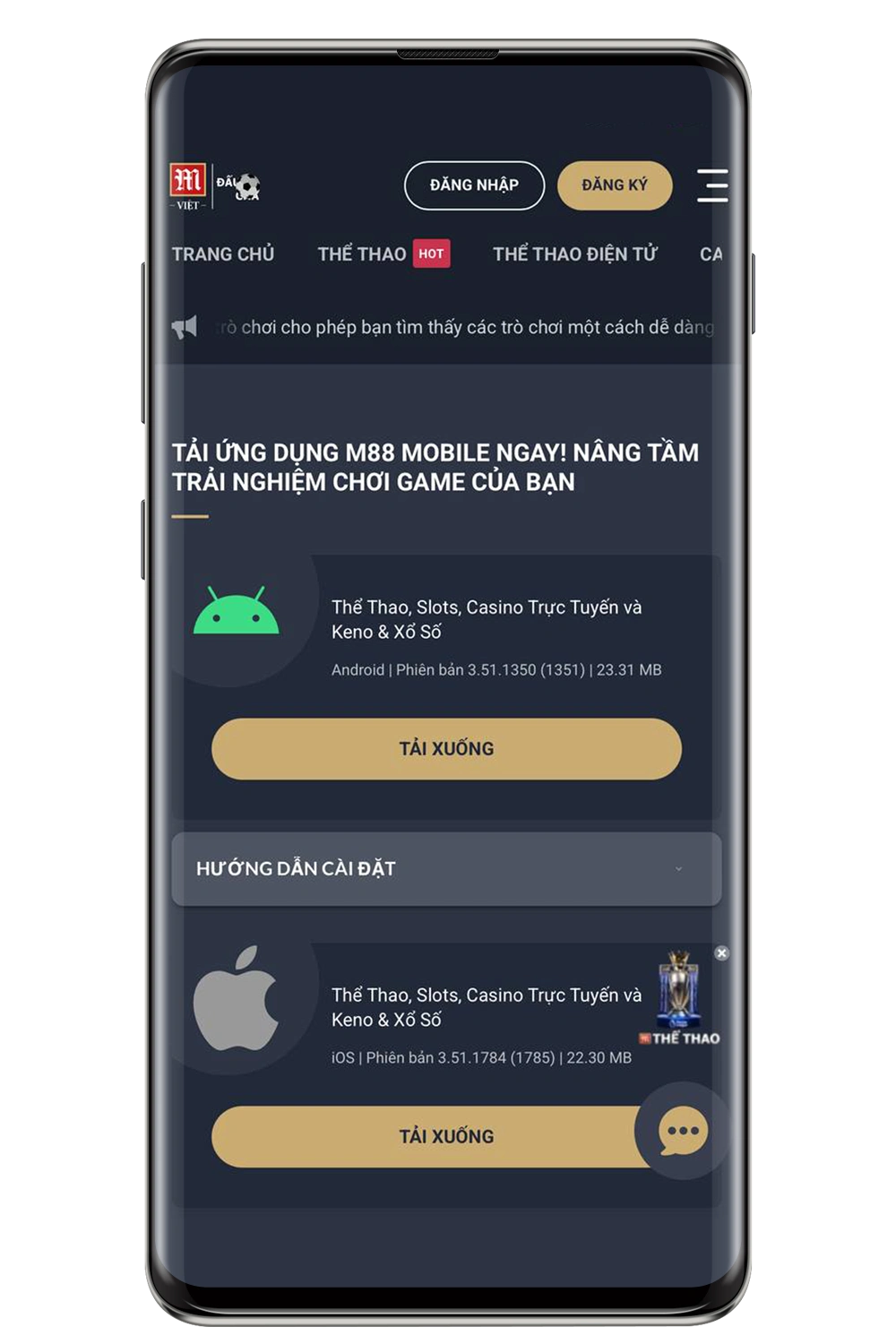 Ảnh chụp màn hình từ trang web di động của sòng bạc M88.